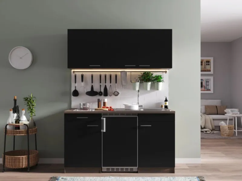 Best Küchenzeile KB150EYSC 150 cm Schwarz-Eiche York Nachbildung Miniküchen|Kochfelder