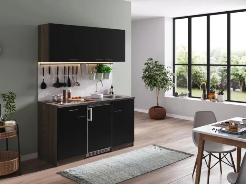 Best Küchenzeile KB150EYSC 150 cm Schwarz-Eiche York Nachbildung Miniküchen|Kochfelder