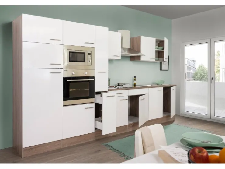 New Respekta Küchenzeile KB360EYWMIGKE 360 cm Weiß Seidengl.-Eiche York Nachbildung Weiß Seidenglanz
