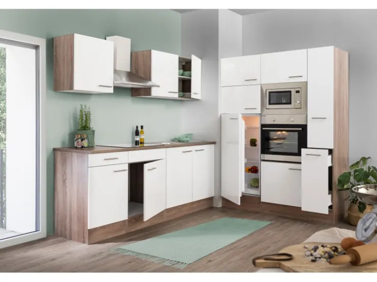 New Respekta Küchenzeile KB360EYWMIGKE 360 cm Weiß Seidengl.-Eiche York Nachbildung Weiß Seidenglanz