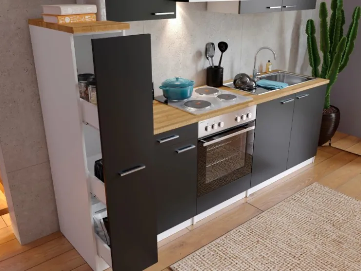 Sale Respekta Küchenzeile KB240WS 240 cm Schwarz-Weiß