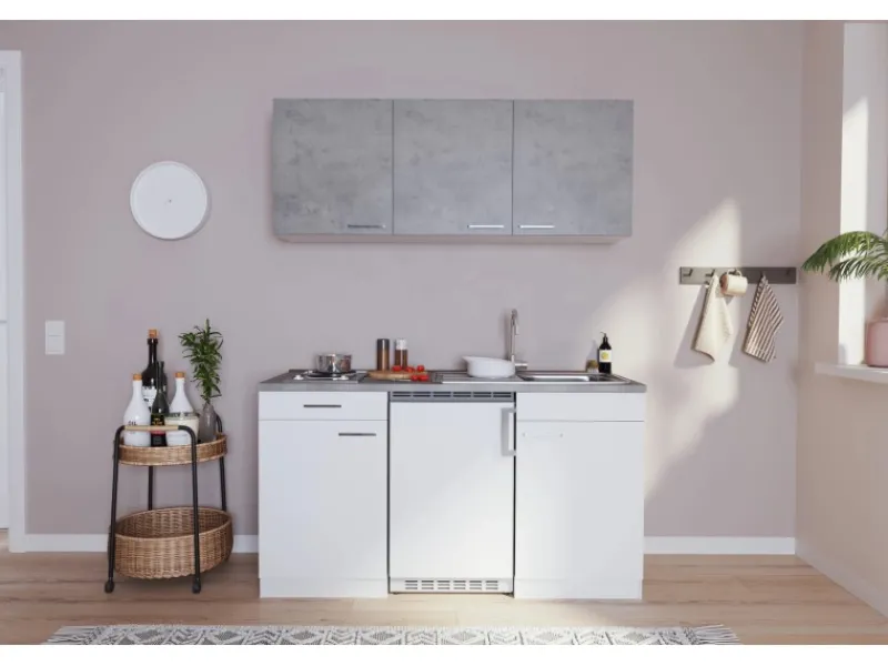 Hot Küchenzeile KB150WWBG 150 cm Weiß-Beton Optik Single-Küchen|Pantryküchen