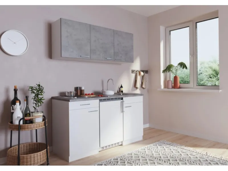 Hot Küchenzeile KB150WWBG 150 cm Weiß-Beton Optik Single-Küchen|Pantryküchen