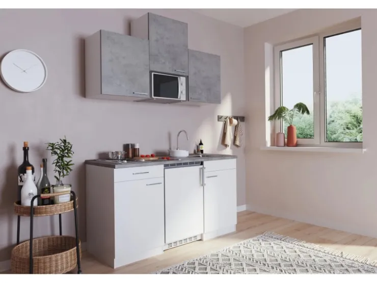 Respekta Single-Küchen|Miniküchen<Küchenzeile KB150WWBMIG 150 cm Weiß-Beton Optik