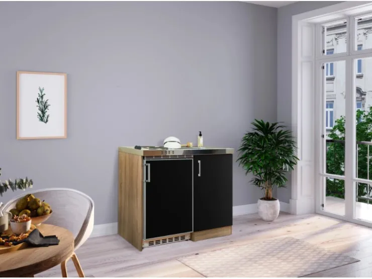 Clearance Respekta Küchenzeile MK100ESS 100 cm -Eiche Sägerau Nachbildung Schwarz