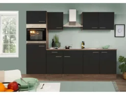 Sale Küchenzeile ohne E-Geräte 270 cm Schwarz Seidengl.-Eiche York Kühlschränke|Küchenschränke