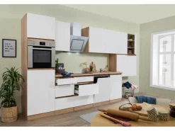 Respekta Premium Kühlschränke|Einbauküchen<Respekta Küchenzeile ohne E-Geräte 380 cm Grifflos -Eiche Sägerau Weiß Matt