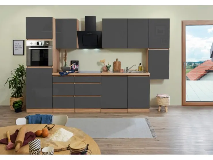 Respekta Premium Kühlschränke|Einbauküchen<Respekta Küchenzeile ohne E-Geräte 330 cm Grifflos -Eiche Sägerau Grau Hochglanz