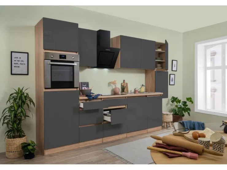 Respekta Premium Kühlschränke|Einbauküchen<Respekta Küchenzeile ohne E-Geräte 330 cm Grifflos -Eiche Sägerau Grau Hochglanz