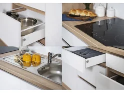 Respekta Premium Kühlschränke|Einbauküchen<Respekta Küchenzeile ohne E-Geräte 330 cm Grifflos -Eiche Sägerau Grau Hochglanz