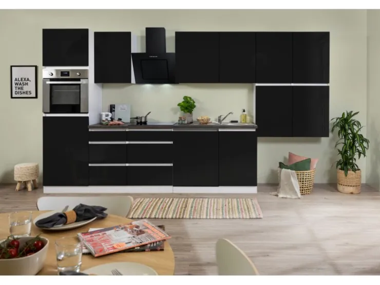 Outlet Respekta Premium Respekta Küchenzeile ohne E-Geräte 380 cm Grifflos -Weiß Schwarz Hochglanz