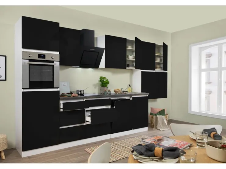 Outlet Respekta Premium Respekta Küchenzeile ohne E-Geräte 380 cm Grifflos -Weiß Schwarz Hochglanz