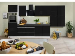 Respekta Premium Kühlschränke<Respekta Küchenzeile ohne E-Geräte 370 cm Grifflos -Weiß Schwarz Hochglanz
