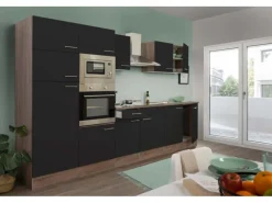 Best Küchenzeile ohne E-Geräte 330 cm Schwarz Seidengl.-Eiche York Einbauküchen