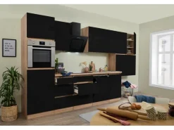 Hot Respekta Premium Respekta Küchenzeile ohne E-Geräte 380 cm Grifflos Schwarz Hochgl.-Eiche Sägerau Schwarz Hochglanz