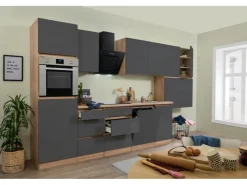 Respekta Premium Küchenschränke|Einbauküchen<Respekta Küchenzeile ohne E-Geräte 380 cm Grifflos -Eiche Sägerau Grau Hochglanz