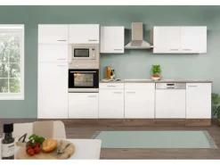 Clearance Küchenzeile ohne E-Geräte 340 cm Weiß Seidengl.-Eiche York Einbauküchen