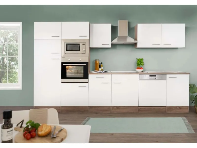 Clearance Küchenzeile ohne E-Geräte 340 cm Weiß Seidengl.-Eiche York Einbauküchen