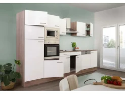 Clearance Küchenzeile ohne E-Geräte 340 cm Weiß Seidengl.-Eiche York Einbauküchen