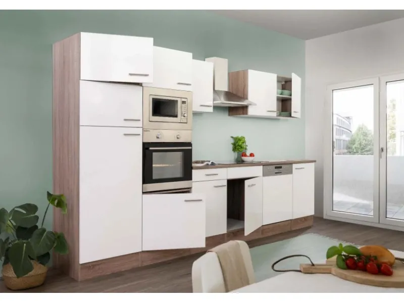 Clearance Küchenzeile ohne E-Geräte 340 cm Weiß Seidengl.-Eiche York Einbauküchen