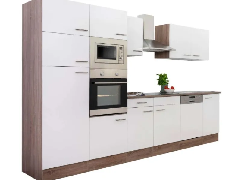 Clearance Küchenzeile ohne E-Geräte 340 cm Weiß Seidengl.-Eiche York Einbauküchen