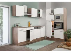 Clearance Küchenzeile ohne E-Geräte 340 cm Weiß Seidengl.-Eiche York Einbauküchen