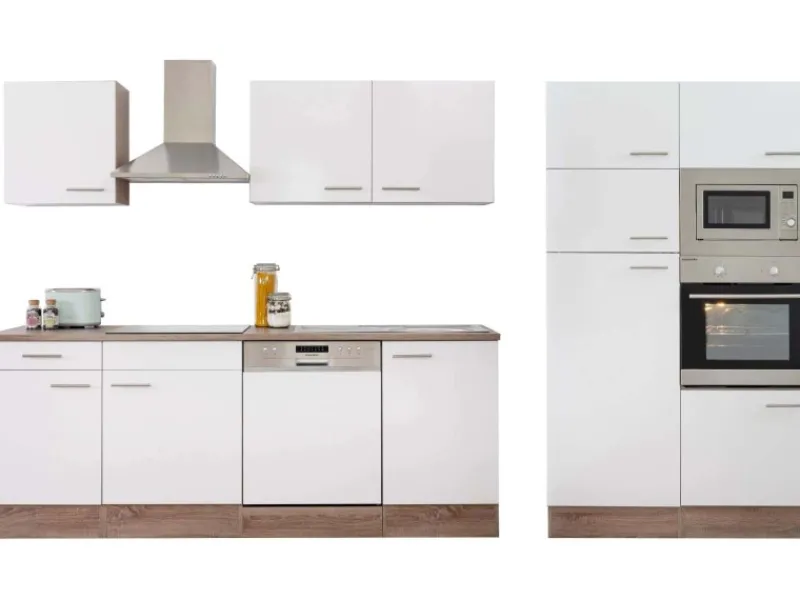 Clearance Küchenzeile ohne E-Geräte 340 cm Weiß Seidengl.-Eiche York Einbauküchen