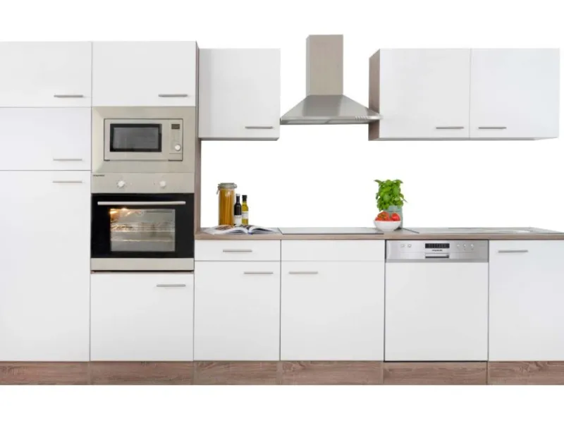 Clearance Küchenzeile ohne E-Geräte 340 cm Weiß Seidengl.-Eiche York Einbauküchen