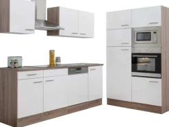 Clearance Küchenzeile ohne E-Geräte 340 cm Weiß Seidengl.-Eiche York Einbauküchen