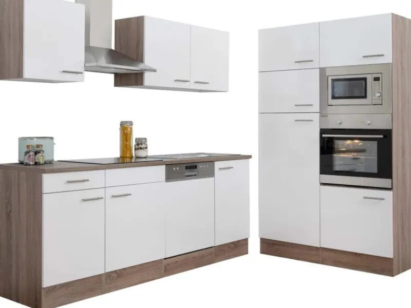 Clearance Küchenzeile ohne E-Geräte 340 cm Weiß Seidengl.-Eiche York Einbauküchen