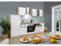 Discount Küchenzeile ohne E-Geräte 280 cm Weiß Seidengl.-Eiche York Einbauküchen|Küchenschränke
