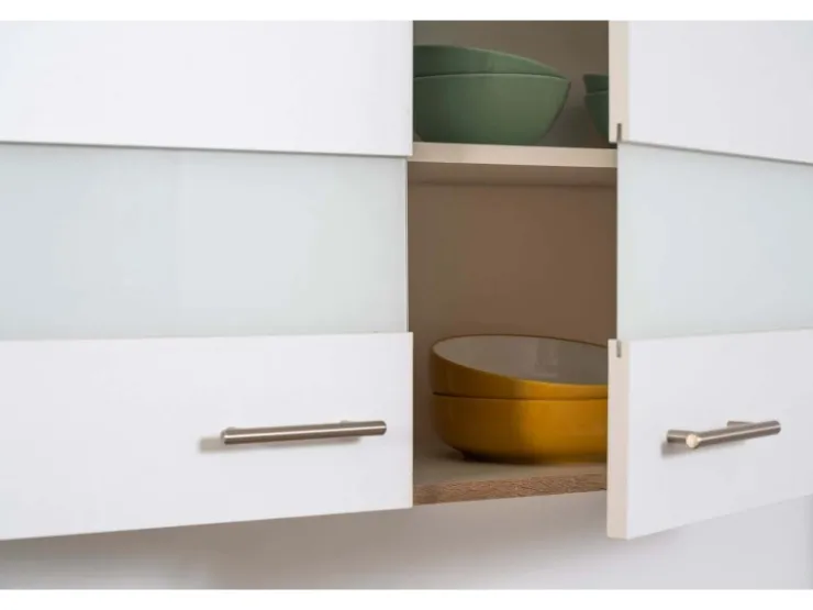 Discount Küchenzeile ohne E-Geräte 280 cm Weiß Seidengl.-Eiche York Einbauküchen|Küchenschränke