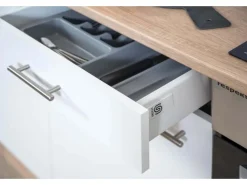 Discount Küchenzeile ohne E-Geräte 280 cm Weiß Seidengl.-Eiche York Einbauküchen|Küchenschränke