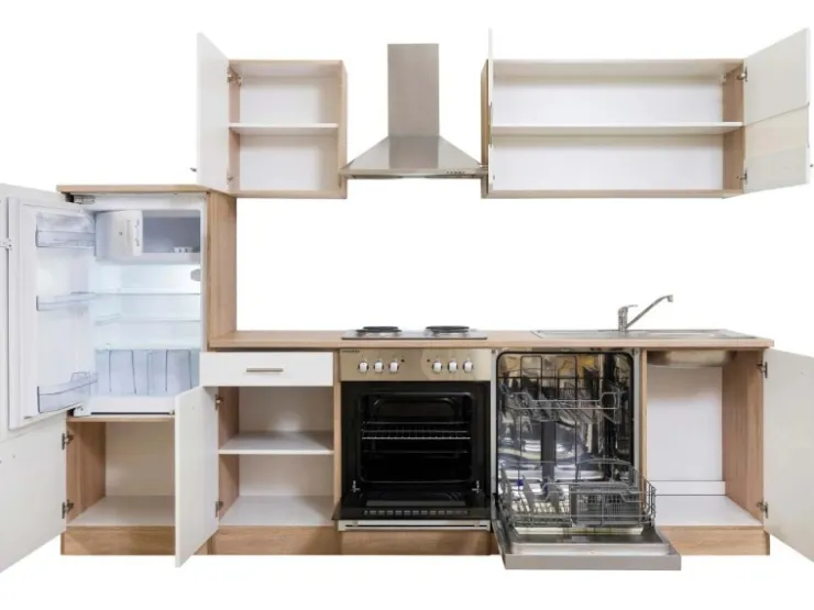Discount Küchenzeile ohne E-Geräte 280 cm Weiß Seidengl.-Eiche York Einbauküchen|Küchenschränke