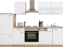 Discount Küchenzeile ohne E-Geräte 280 cm Weiß Seidengl.-Eiche York Einbauküchen|Küchenschränke