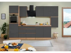 Respekta Premium Küchenschränke|Einbauküchen<Respekta Küchenzeile ohne E-Geräte 320 cm Grifflos -Eiche Sägerau Grau Hochglanz