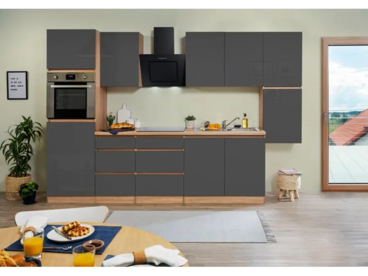 Respekta Premium Küchenschränke|Einbauküchen<Respekta Küchenzeile ohne E-Geräte 320 cm Grifflos -Eiche Sägerau Grau Hochglanz
