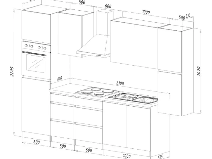 Respekta Premium Küchenschränke|Einbauküchen<Respekta Küchenzeile ohne E-Geräte 320 cm Grifflos -Eiche Sägerau Grau Hochglanz