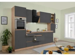 Respekta Premium Küchenschränke|Einbauküchen<Respekta Küchenzeile ohne E-Geräte 320 cm Grifflos -Eiche Sägerau Grau Hochglanz