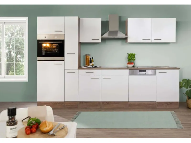 New Küchenzeile ohne E-Geräte 310 cm Weiß Seidengl.-Eiche York Einbauküchen|Küchenschränke