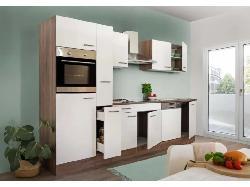 New Küchenzeile ohne E-Geräte 310 cm Weiß Seidengl.-Eiche York Einbauküchen|Küchenschränke