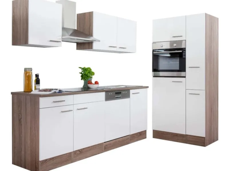 New Küchenzeile ohne E-Geräte 310 cm Weiß Seidengl.-Eiche York Einbauküchen|Küchenschränke