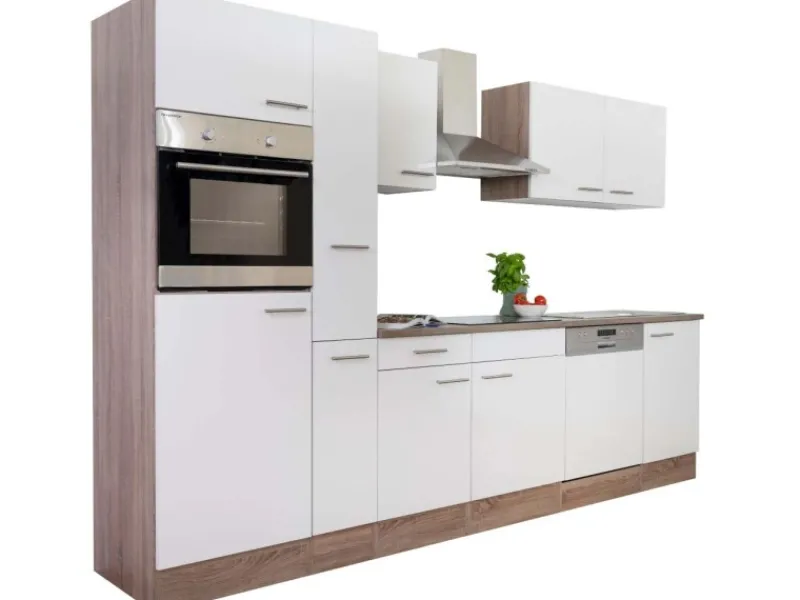 New Küchenzeile ohne E-Geräte 310 cm Weiß Seidengl.-Eiche York Einbauküchen|Küchenschränke
