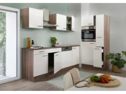 New Küchenzeile ohne E-Geräte 310 cm Weiß Seidengl.-Eiche York Einbauküchen|Küchenschränke