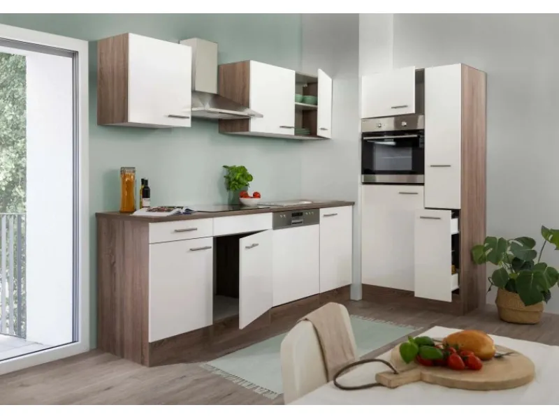 New Küchenzeile ohne E-Geräte 310 cm Weiß Seidengl.-Eiche York Einbauküchen|Küchenschränke