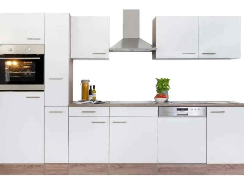 New Küchenzeile ohne E-Geräte 310 cm Weiß Seidengl.-Eiche York Einbauküchen|Küchenschränke