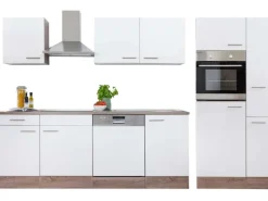 New Küchenzeile ohne E-Geräte 310 cm Weiß Seidengl.-Eiche York Einbauküchen|Küchenschränke
