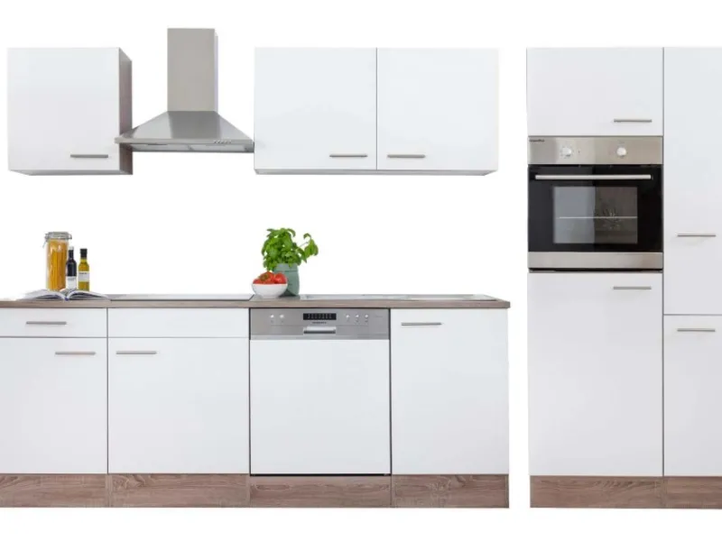 New Küchenzeile ohne E-Geräte 310 cm Weiß Seidengl.-Eiche York Einbauküchen|Küchenschränke