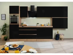 Outlet Respekta Küchenzeile ohne E-Geräte 370 cm Grifflos Schwarz Hochgl.-Eiche Sägerau Küchenschränke|Einbauküchen