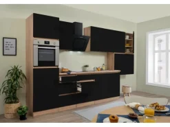 Outlet Respekta Küchenzeile ohne E-Geräte 370 cm Grifflos Schwarz Hochgl.-Eiche Sägerau Küchenschränke|Einbauküchen
